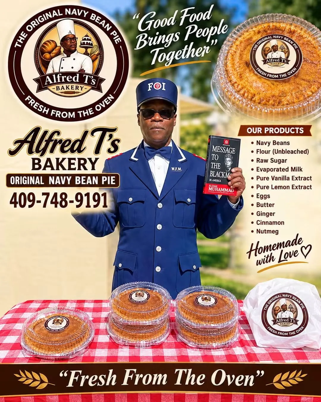 Alfred T’s Bakery promotional flyer with Original Navy Bean Pies